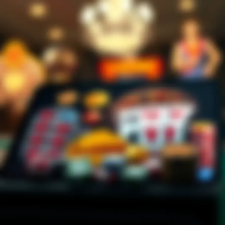 Illustration of various casino game icons like slots and poker on a digital device