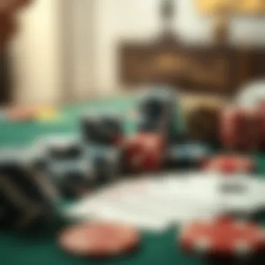 A close-up of poker chips and cards on a table