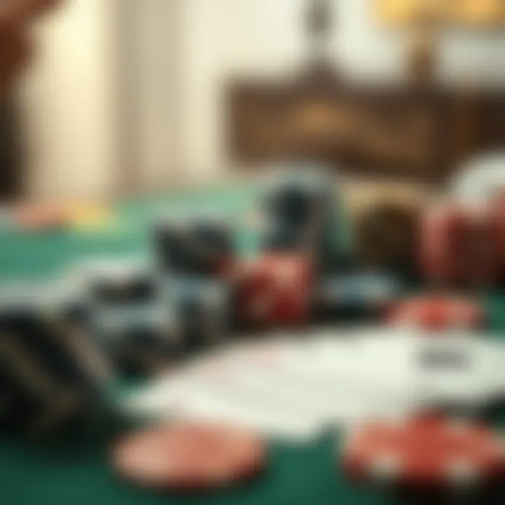 A close-up of poker chips and cards on a table