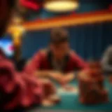 A player focused on a poker game with chips stacked high