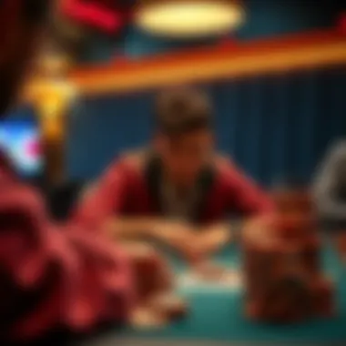 A player focused on a poker game with chips stacked high