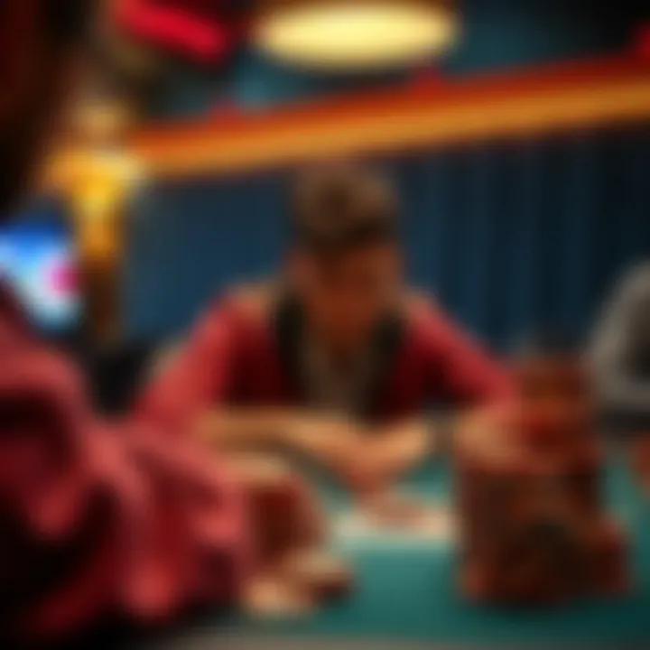A player focused on a poker game with chips stacked high