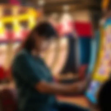 An animated depiction of a user engaging with a slot game on a mobile device